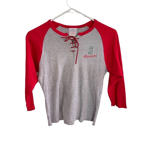 Mariners lace-up 3/4 raglan t-shirt Red Gray Women's size M Vintage - Picture 7 of 7